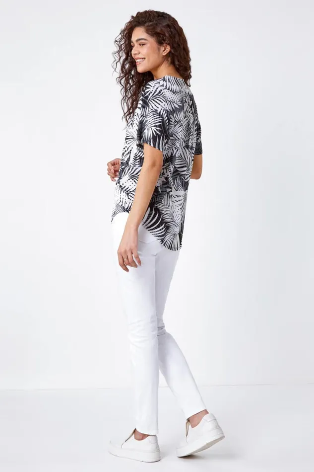 Women Black Palm Print VNeck Zip Front Stretch Top Roman Tops