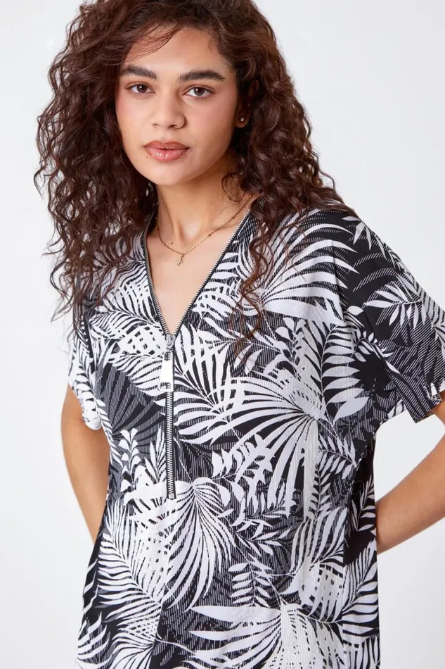 Women Black Palm Print VNeck Zip Front Stretch Top Roman Tops