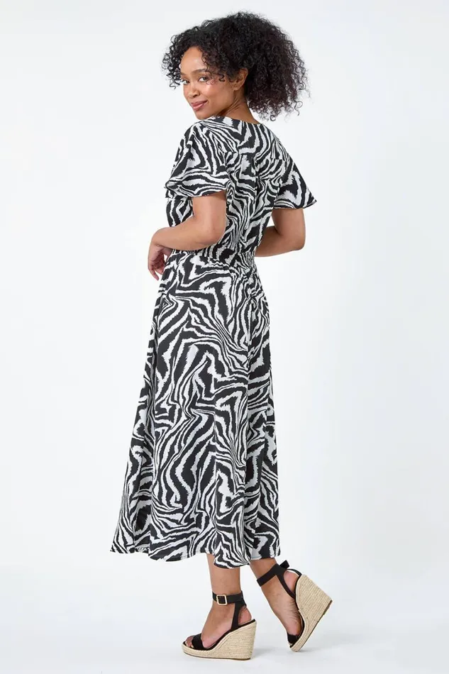 Women Black Petite Animal Print Shirred Midi Dress Roman Dresses
