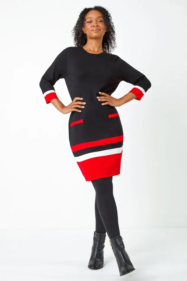 Women Black Petite Colour Block Pocket Jumper Dress Roman Dresses