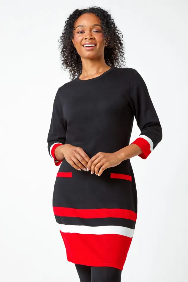 Women Black Petite Colour Block Pocket Jumper Dress Roman Dresses