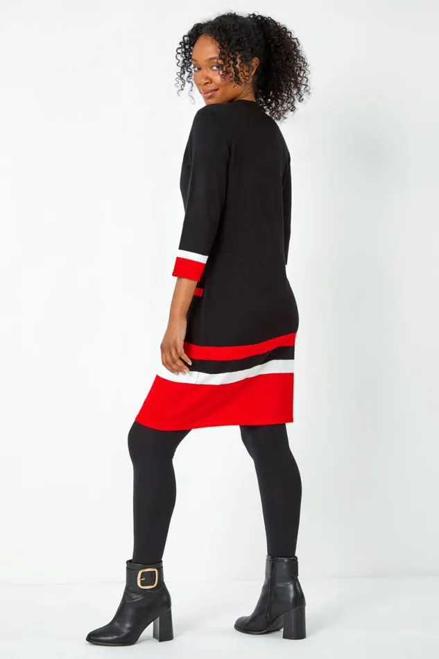 Women Black Petite Colour Block Pocket Jumper Dress Roman Dresses