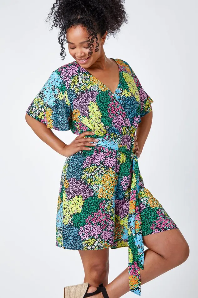Women Black Petite Ditsy Floral Belted Playsuit Roman Dresses
