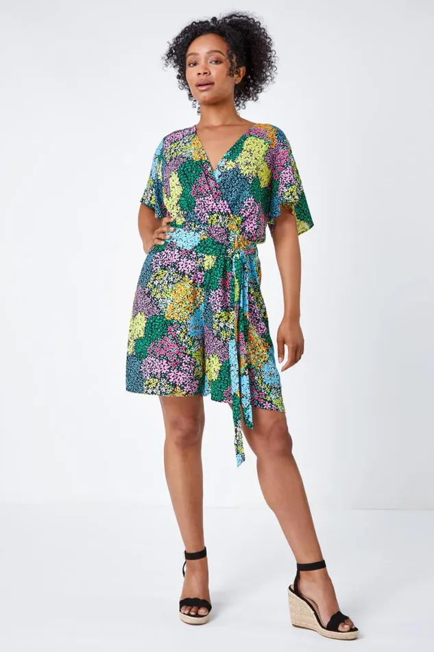Women Black Petite Ditsy Floral Belted Playsuit Roman Dresses