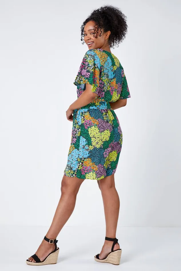Women Black Petite Ditsy Floral Belted Playsuit Roman Dresses