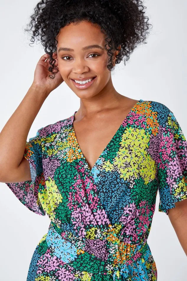Women Black Petite Ditsy Floral Belted Playsuit Roman Dresses