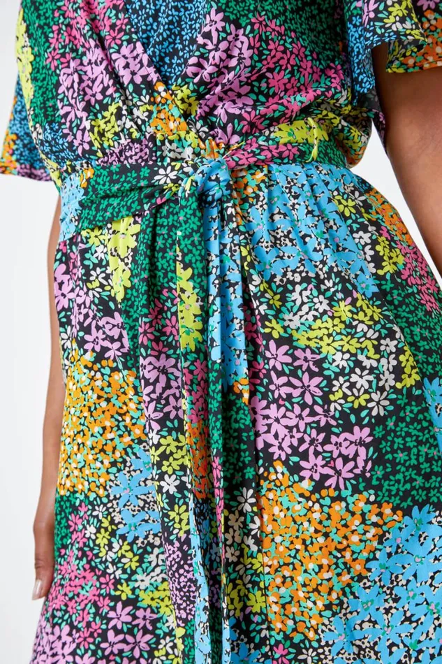 Women Black Petite Ditsy Floral Belted Playsuit Roman Dresses