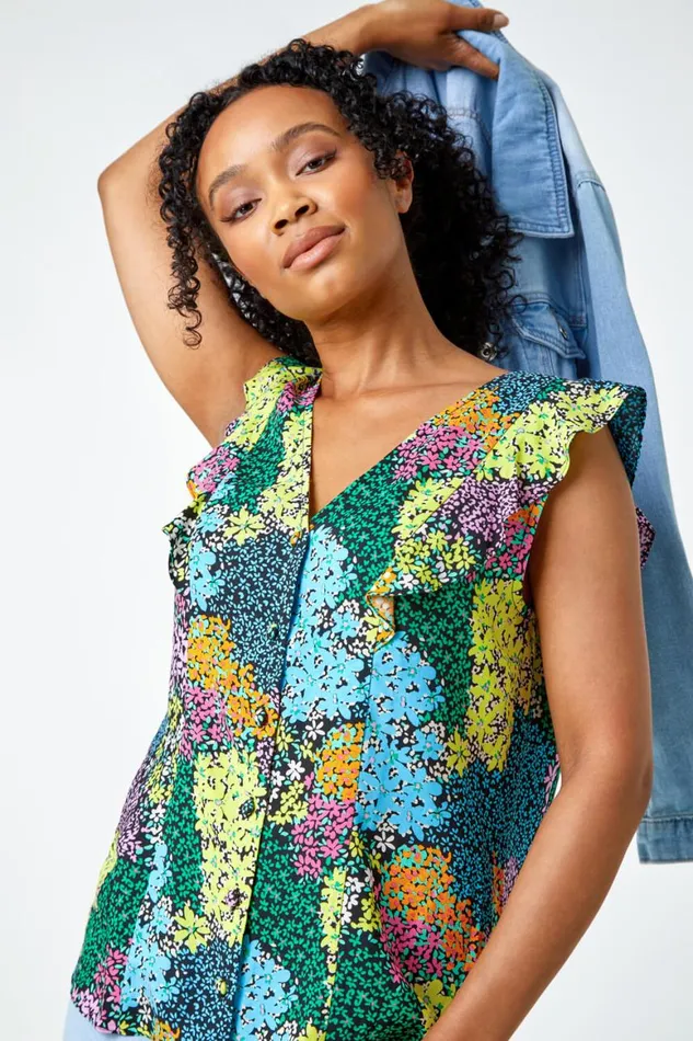 Women Black Petite Floral Frill Detail Button Top Roman Tops