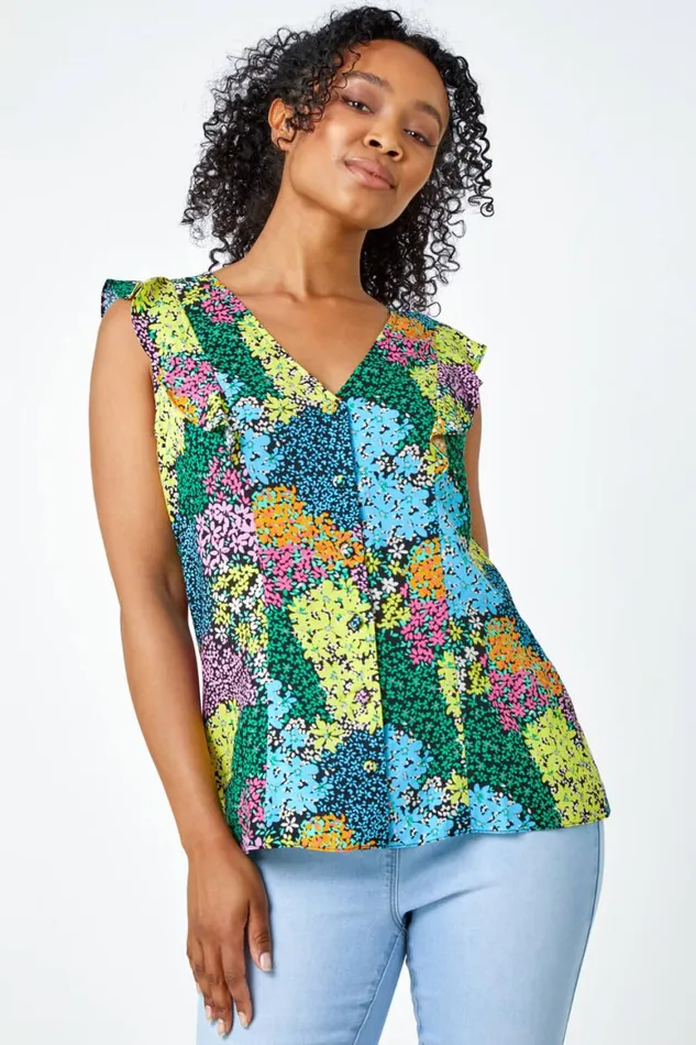 Women Black Petite Floral Frill Detail Button Top Roman Tops