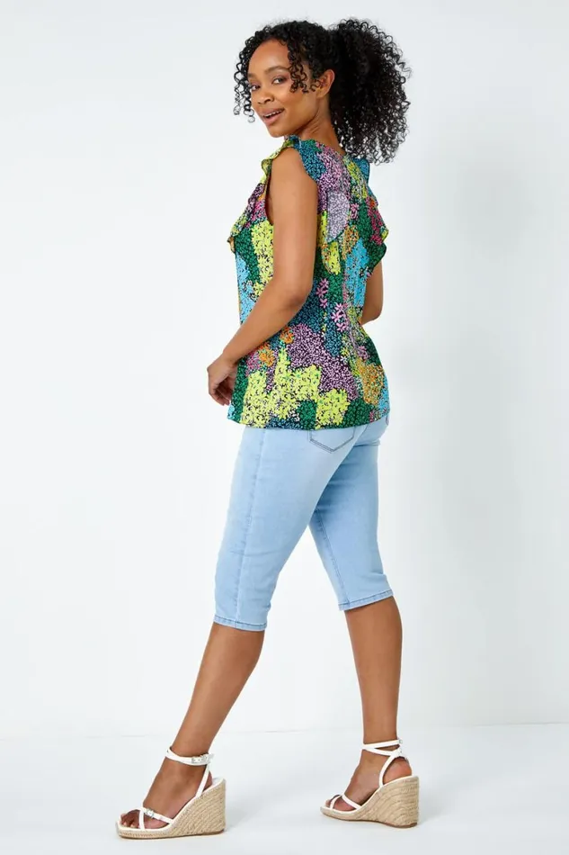 Women Black Petite Floral Frill Detail Button Top Roman Tops