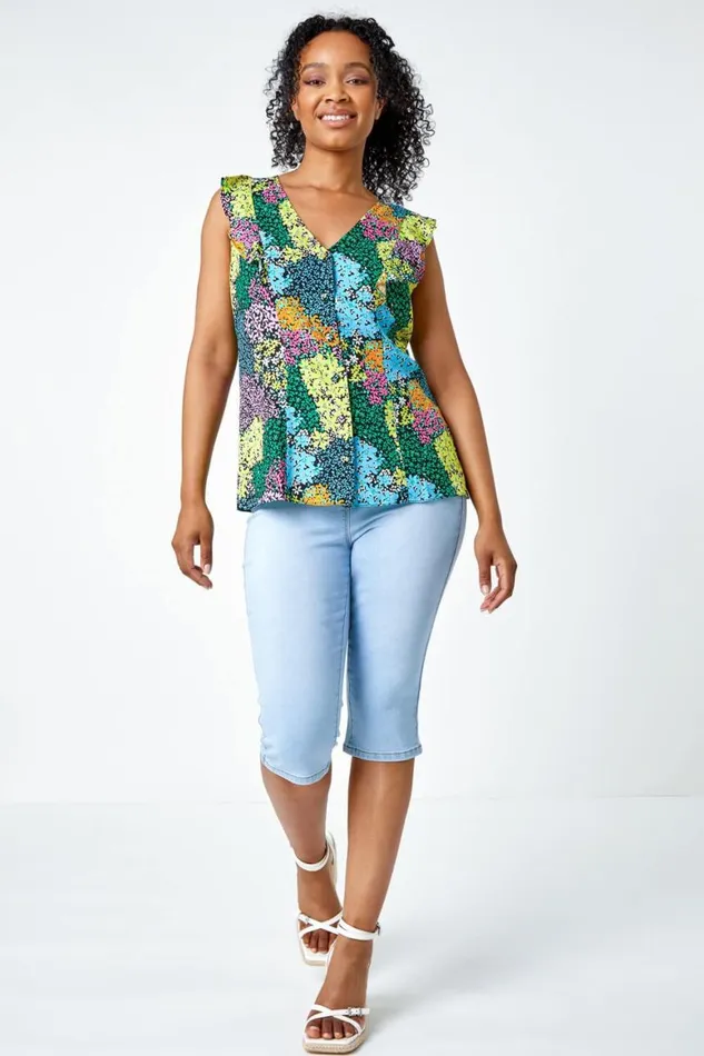 Women Black Petite Floral Frill Detail Button Top Roman Tops