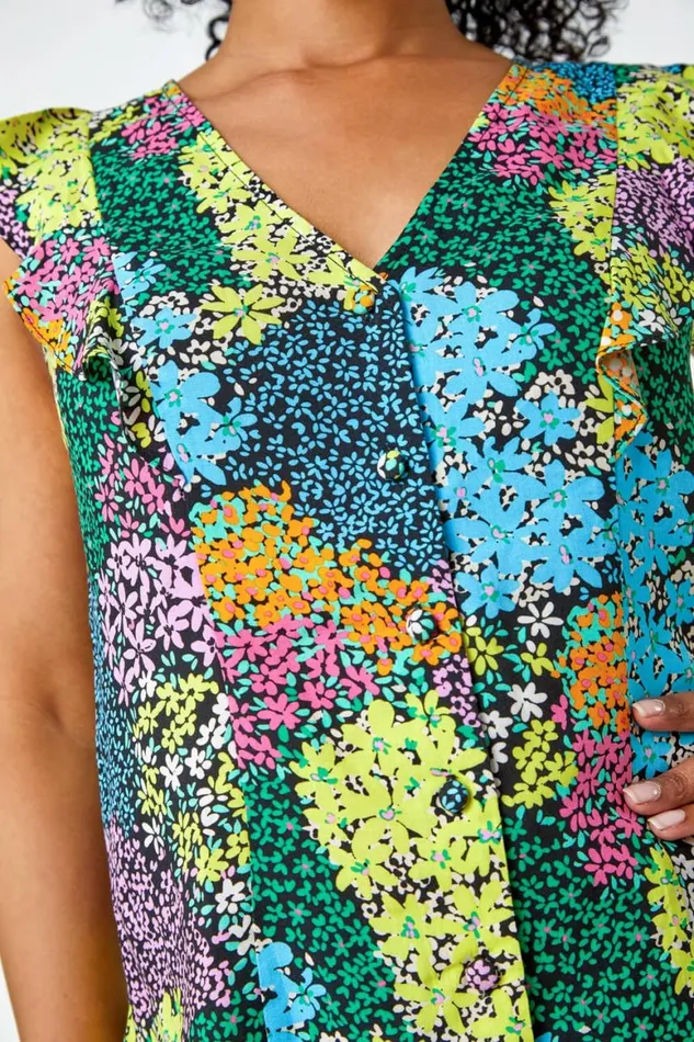 Women Black Petite Floral Frill Detail Button Top Roman Tops