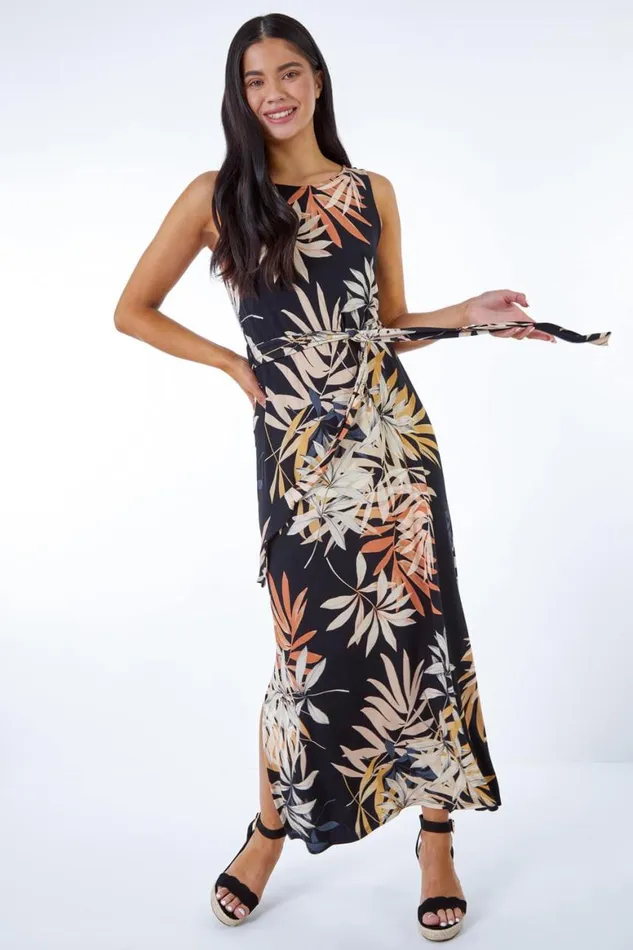 Women Black Petite Leaf Print Stretch Jersey Dress Roman Dresses