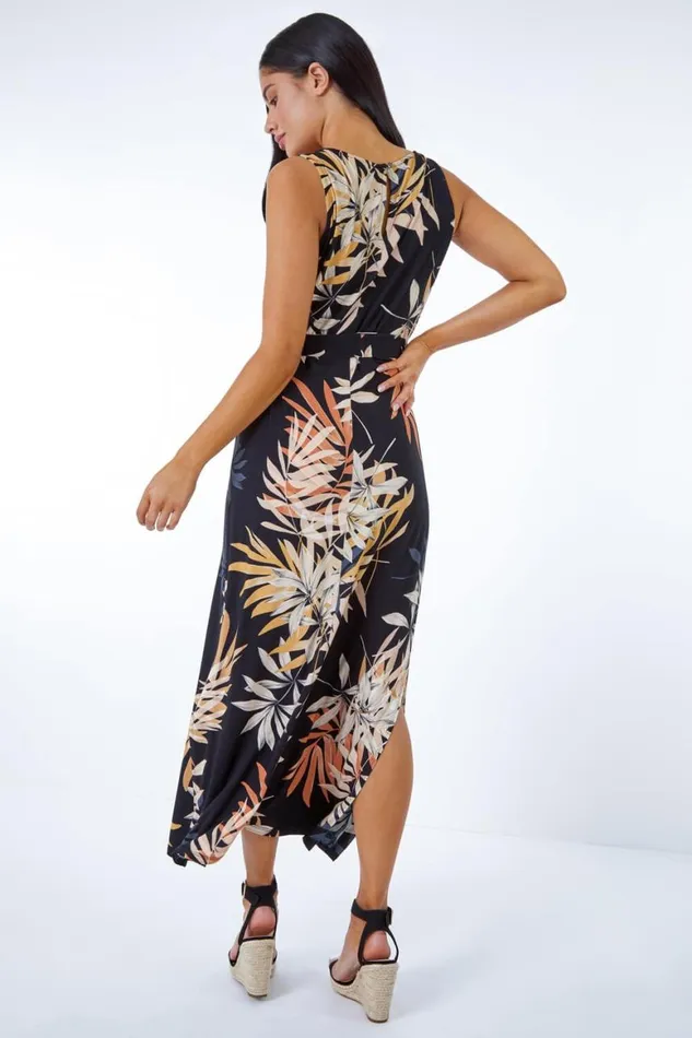 Women Black Petite Leaf Print Stretch Jersey Dress Roman Dresses