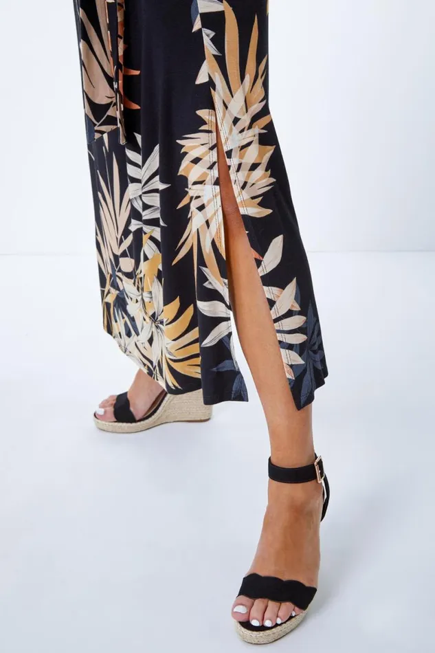 Women Black Petite Leaf Print Stretch Jersey Dress Roman Dresses