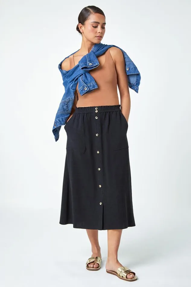 Women Black Petite Linen Blend Button Midi Skirt Roman Skirts
