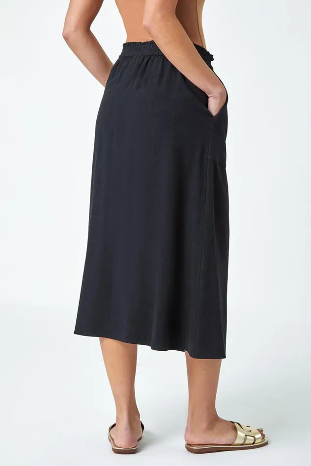 Women Black Petite Linen Blend Button Midi Skirt Roman Skirts