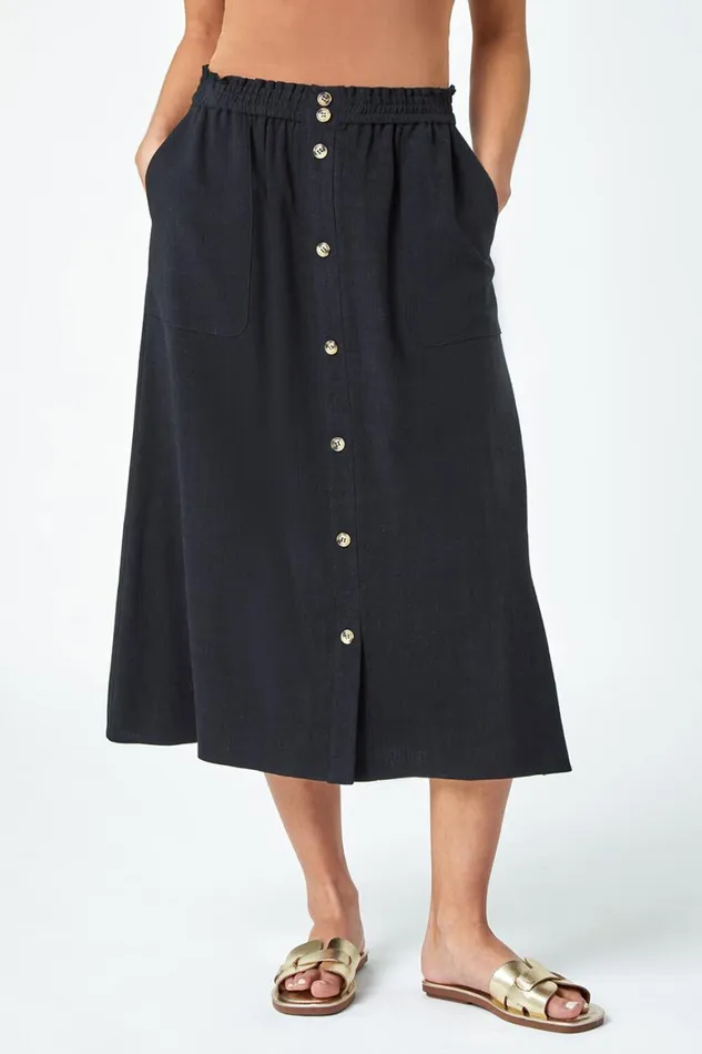 Women Black Petite Linen Blend Button Midi Skirt Roman Skirts
