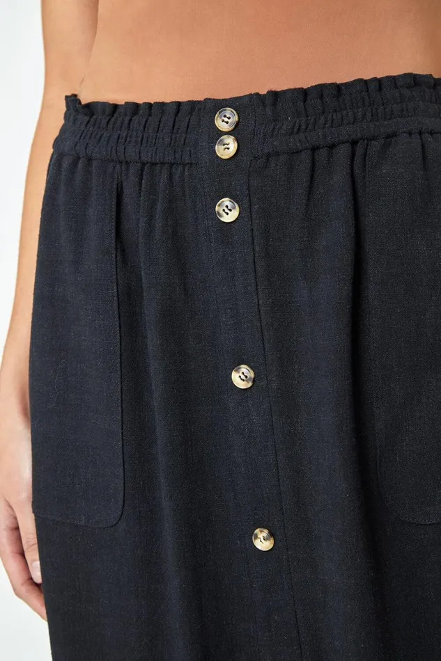 Women Black Petite Linen Blend Button Midi Skirt Roman Skirts