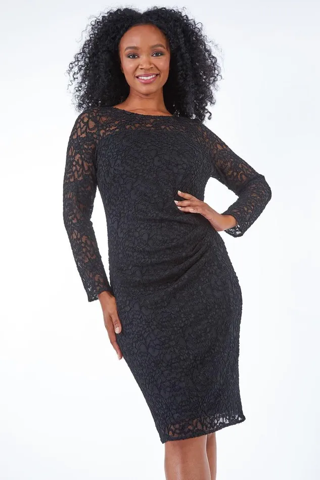 Women Black Petite Side Ruched Lace Dress Roman Dresses