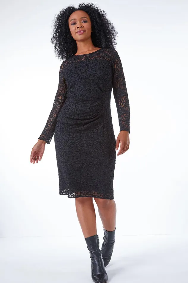 Women Black Petite Side Ruched Lace Dress Roman Dresses