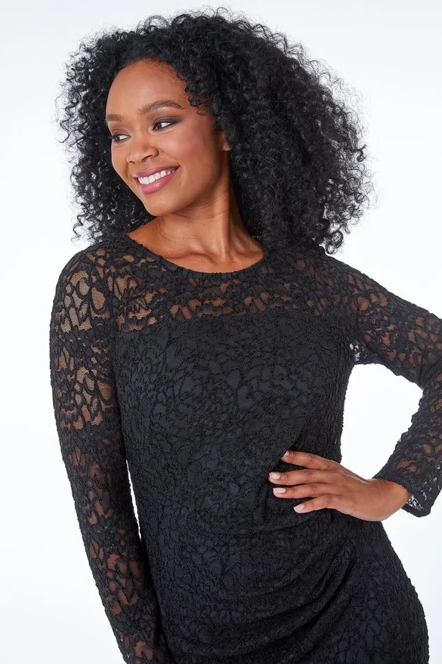 Women Black Petite Side Ruched Lace Dress Roman Dresses
