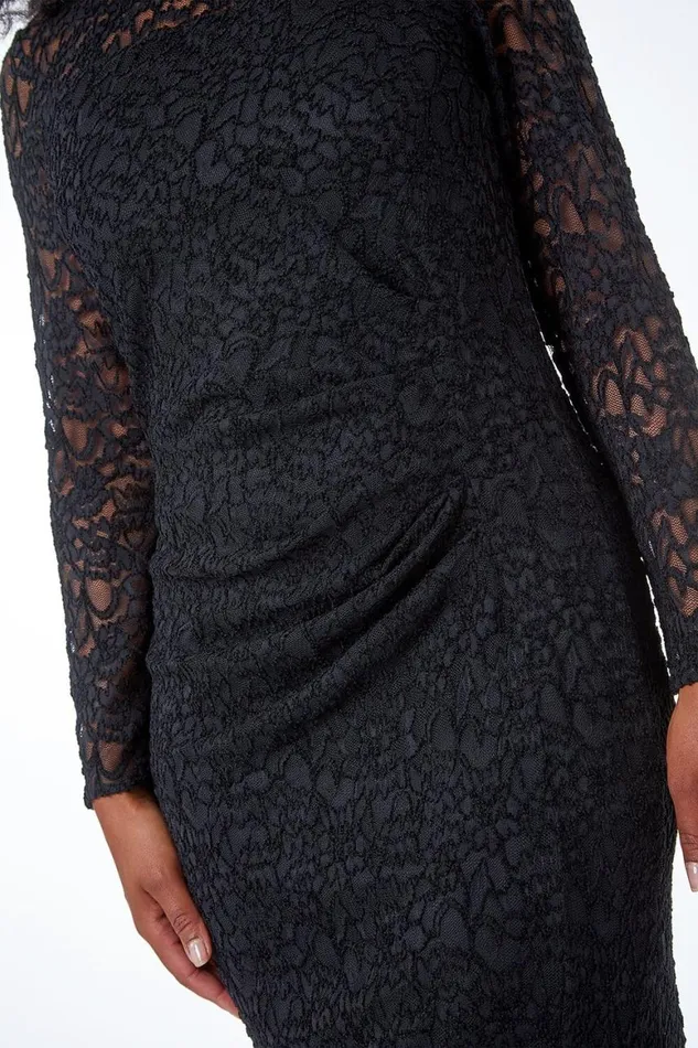 Women Black Petite Side Ruched Lace Dress Roman Dresses