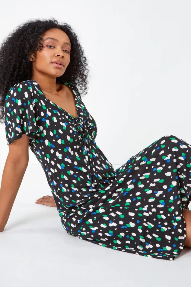 Women Black Petite Spot Ruched Stretch Midi Dress Roman Dresses