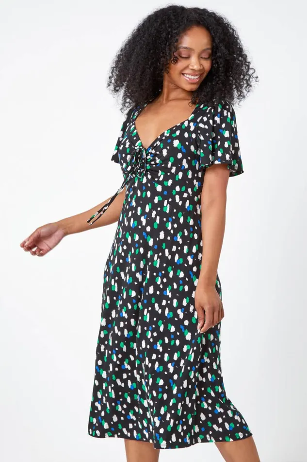 Women Black Petite Spot Ruched Stretch Midi Dress Roman Dresses