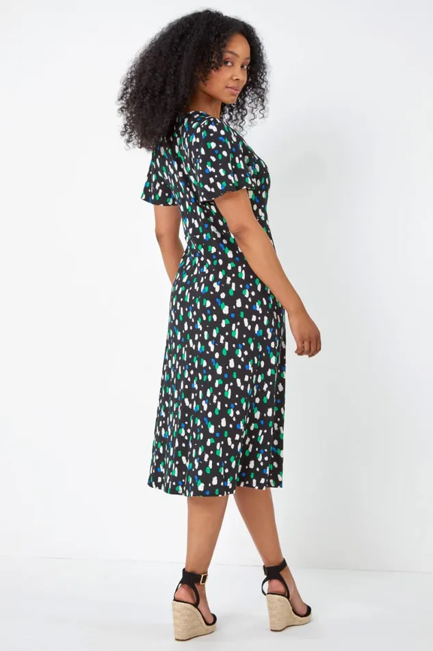 Women Black Petite Spot Ruched Stretch Midi Dress Roman Dresses