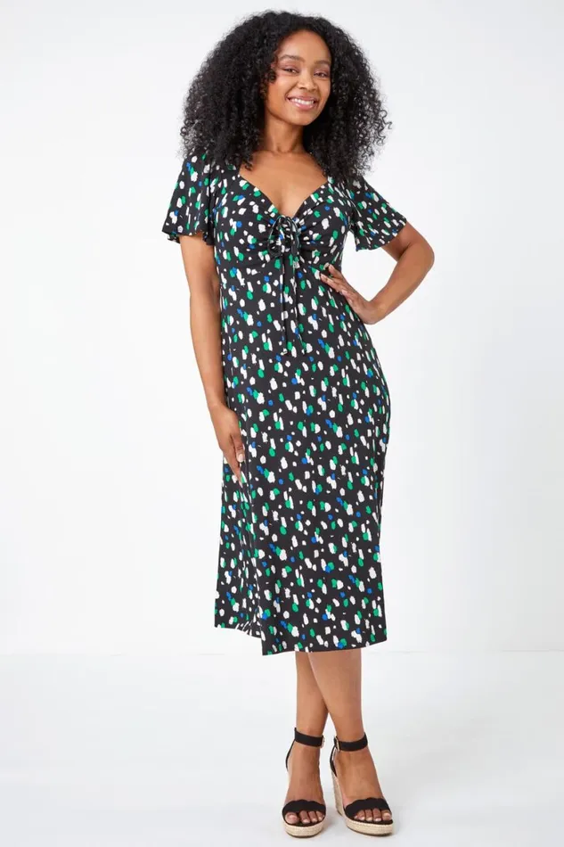 Women Black Petite Spot Ruched Stretch Midi Dress Roman Dresses