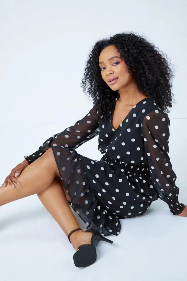Women Black Petite Spot Tiered Chiffon Frill Dress Roman Dresses