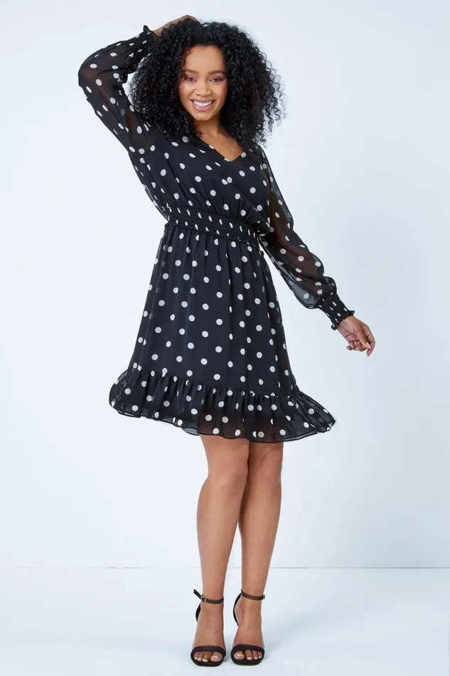 Women Black Petite Spot Tiered Chiffon Frill Dress Roman Dresses
