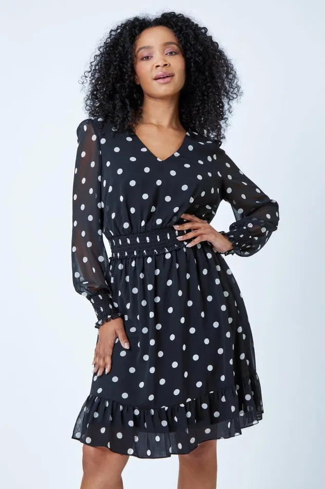 Women Black Petite Spot Tiered Chiffon Frill Dress Roman Dresses