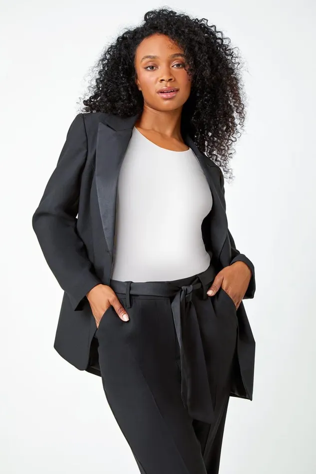 Women Black Petite Tailored Diamante Button Blazer Roman Occasionwear