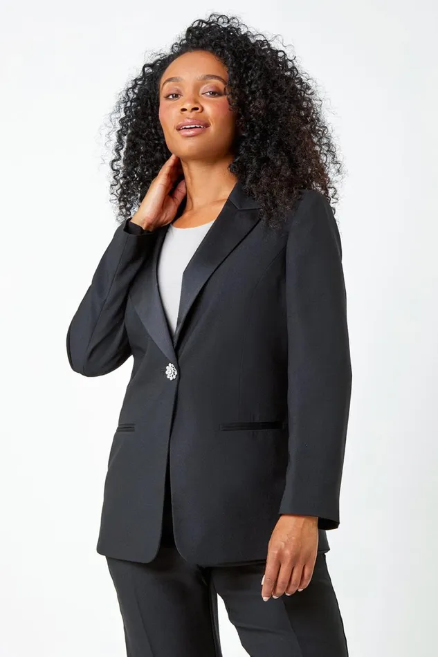 Women Black Petite Tailored Diamante Button Blazer Roman Occasionwear