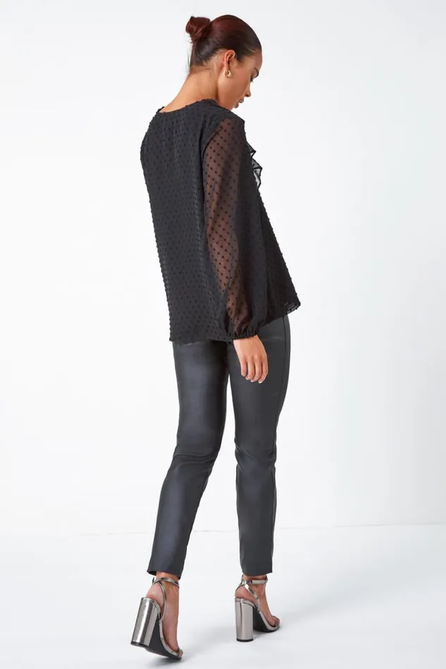 Women Black Petite Textured Spot Chiffon Frill Top Roman Tops
