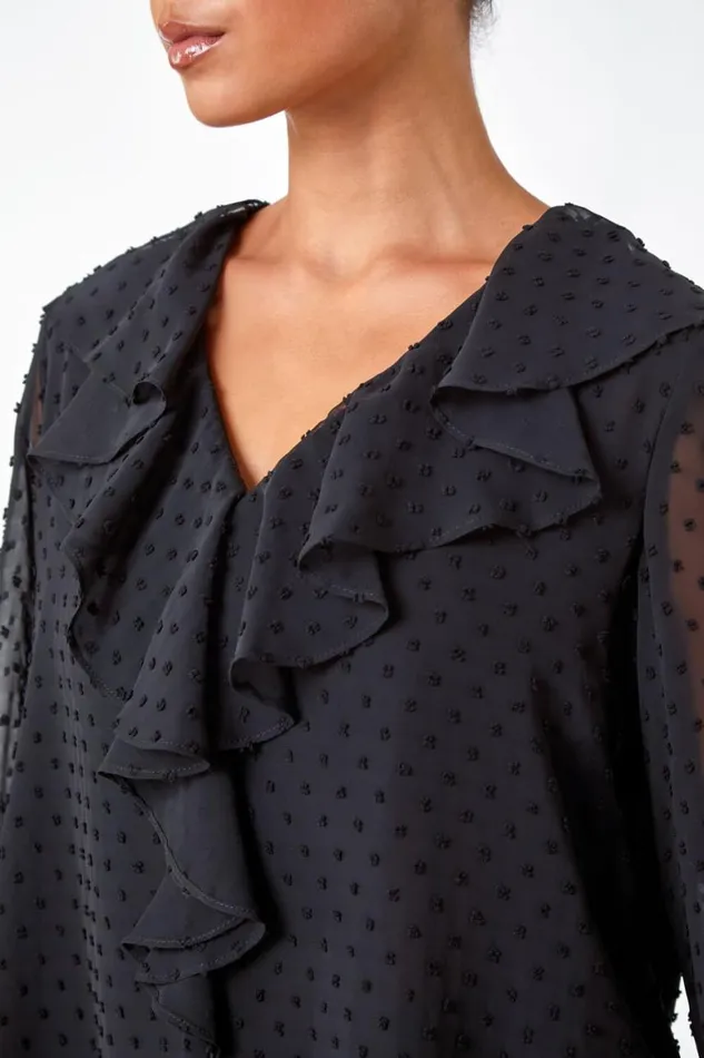 Women Black Petite Textured Spot Chiffon Frill Top Roman Tops