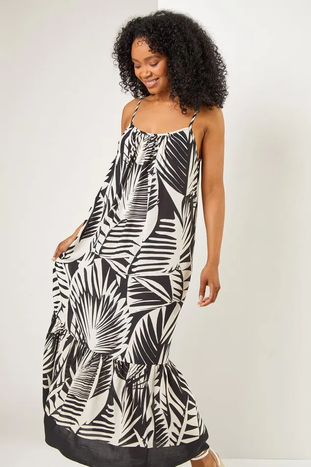 Women Black Petite Tropical Print Tiered Maxi Dress Roman Dresses