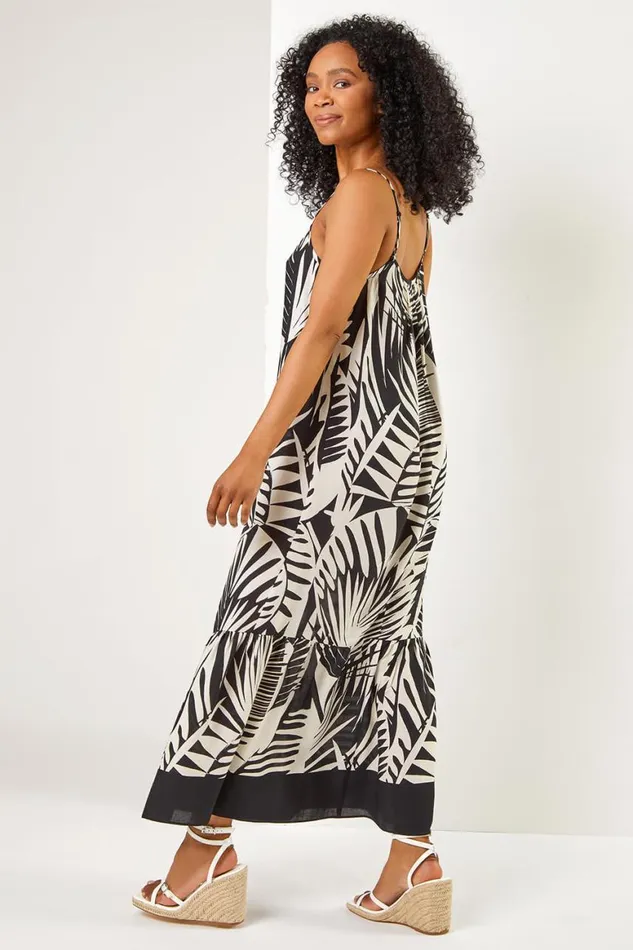 Women Black Petite Tropical Print Tiered Maxi Dress Roman Dresses