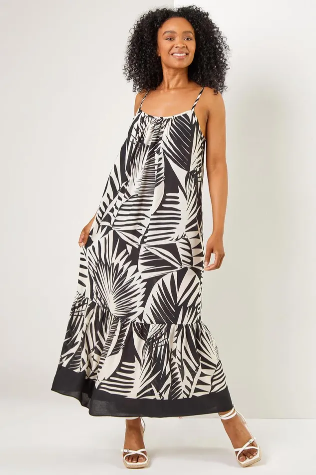 Women Black Petite Tropical Print Tiered Maxi Dress Roman Dresses