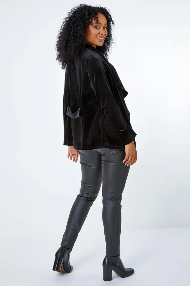 Women Black Petite Velvet Waterfall Jacket Roman Jackets