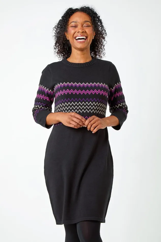 Women Black Petite Zig Zag Knitted Stretch Dress Roman Dresses