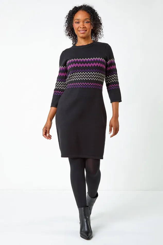 Women Black Petite Zig Zag Knitted Stretch Dress Roman Dresses