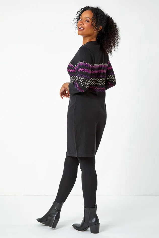 Women Black Petite Zig Zag Knitted Stretch Dress Roman Dresses