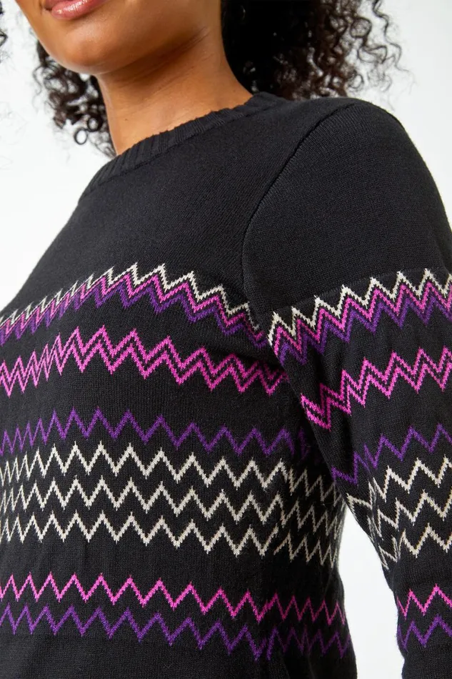 Women Black Petite Zig Zag Knitted Stretch Dress Roman Dresses