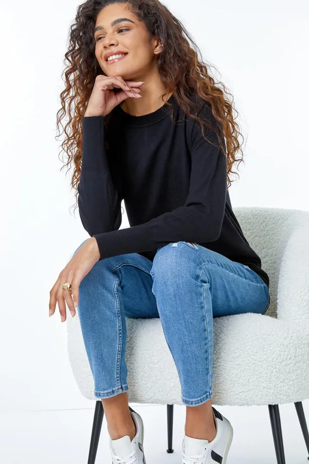 Women Black Plain Crew Neck Jumper Roman Knitwear