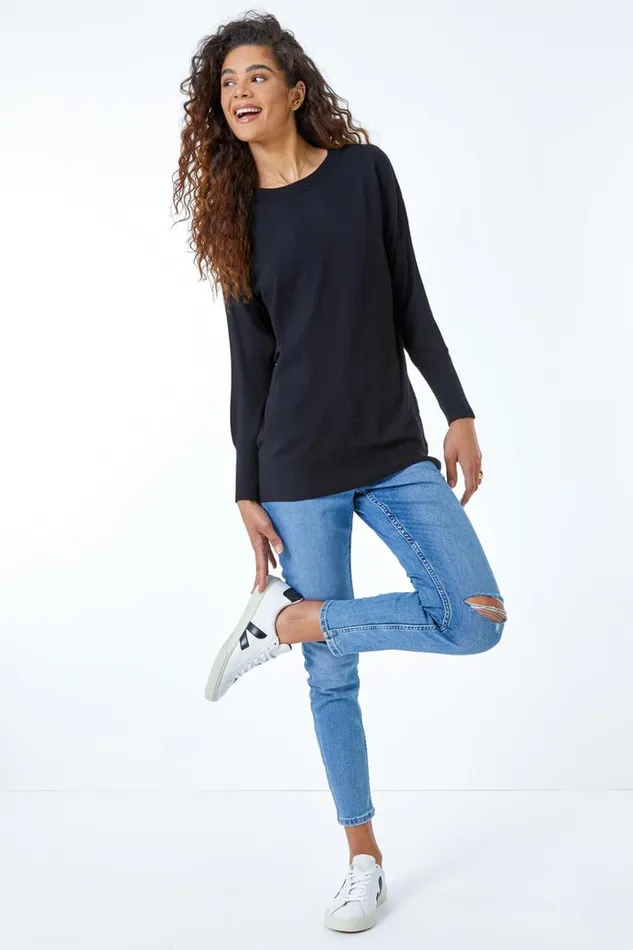 Women Black Plain Crew Neck Jumper Roman Knitwear