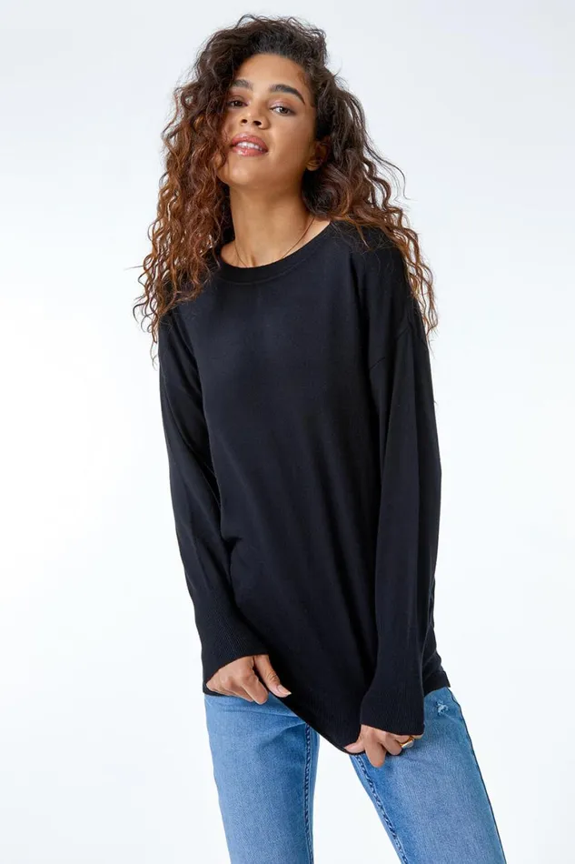 Women Black Plain Crew Neck Jumper Roman Knitwear