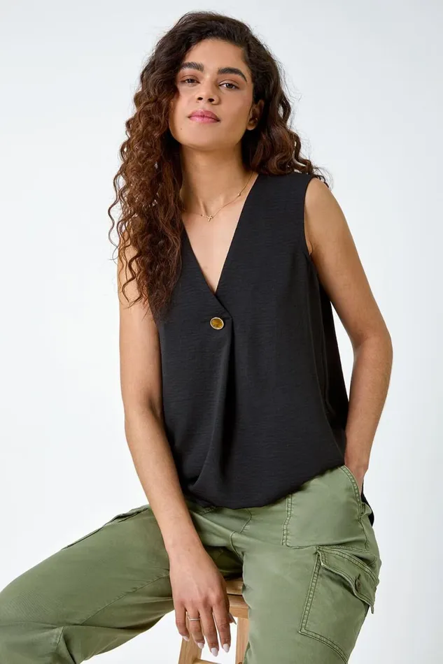 Women Black Pleat Front Button Detail VNeck Vest Roman Tops